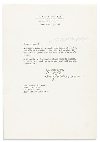 TRUMAN, HARRY S. Archive of 14 Typed Letters Signed, to newspaper columnist Leonard Lyons,
